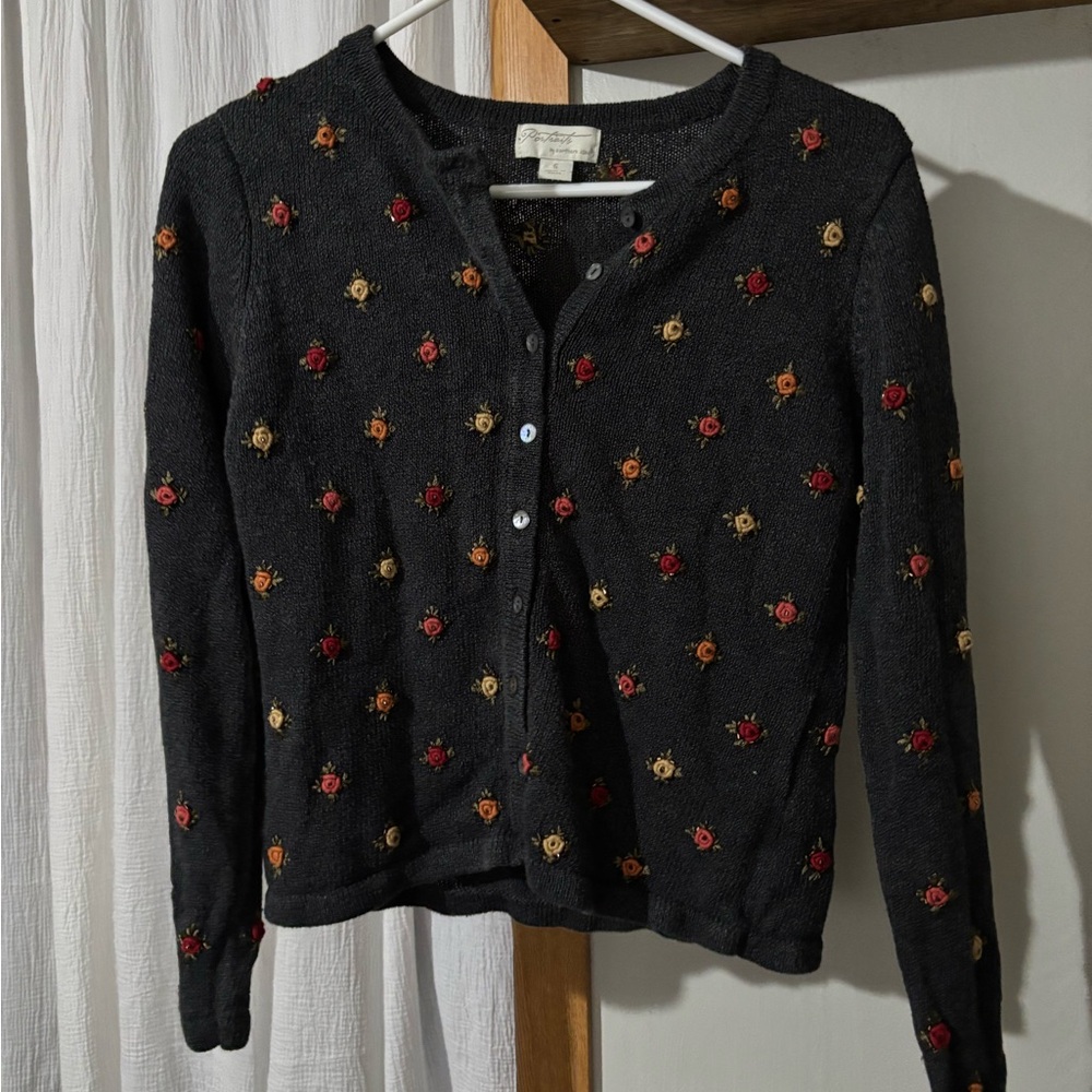 Floral Embroidered Dark Grey Cardigan Sweater